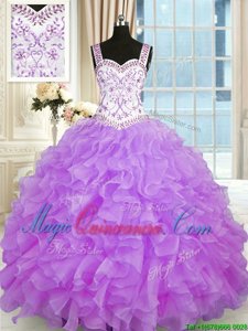 Chic Floor Length Lace Up Quince Ball Gowns Lilac and In for Military Ball and Sweet 16 and Quinceanera with Beading and Appliques and Ruffles