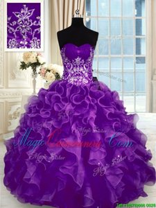 Purple Sweetheart Neckline Beading and Appliques and Ruffles Quinceanera Dress Sleeveless Lace Up