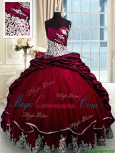 Exceptional Wine Red Ball Gowns Taffeta Sweetheart Sleeveless Beading and Appliques and Pick Ups With Train Lace Up Quinceanera Dress Brush Train