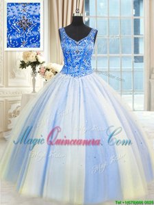 Charming Blue And White Ball Gowns V-neck Sleeveless Tulle Floor Length Lace Up Beading and Sequins Sweet 16 Dress