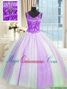 Clearance White And Purple V-neck Neckline Beading and Sequins Sweet 16 Dress Sleeveless Lace Up