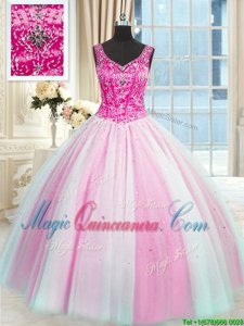Trendy Baby Pink and Pink And White Tulle Lace Up V-neck Sleeveless Floor Length Quinceanera Dresses Beading