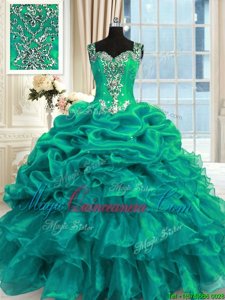Sleeveless Organza Floor Length Lace Up Quinceanera Dresses in Turquoise for with Beading and Ruffles and Pick Ups