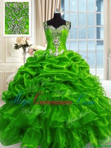 Top Selling Green Lace Up 15th Birthday Dress Beading and Ruffles and Pick Ups Sleeveless Floor Length