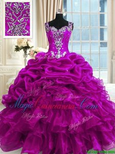 Simple Fuchsia Sleeveless Beading and Ruffles and Pick Ups Floor Length Sweet 16 Dress