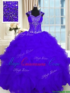 Trendy Ball Gowns Quinceanera Dresses Purple Straps Organza Cap Sleeves Floor Length Lace Up