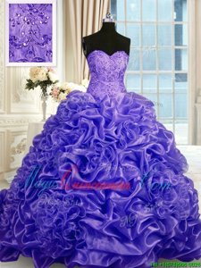 Lace Up Vestidos de Quinceanera Purple and In for Military Ball and Sweet 16 and Quinceanera with Beading and Pick Ups Sweep Train