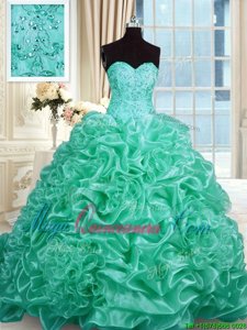 On Sale Pick Ups Turquoise Sleeveless Organza Lace Up Quinceanera Gowns for Military Ball and Sweet 16 and Quinceanera