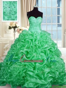 Apple Green Ball Gowns Sweetheart Sleeveless Organza Sweep Train Lace Up Beading 15th Birthday Dress