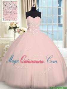 Pink Tulle Lace Up Sweetheart Sleeveless Floor Length Quinceanera Dress Beading