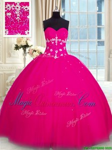 Beautiful Fuchsia Sleeveless Floor Length Beading Lace Up 15th Birthday Dress