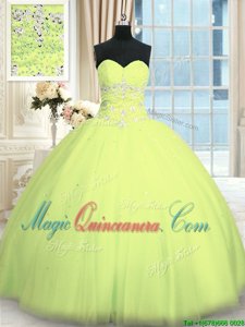Floor Length Lace Up Ball Gown Prom Dress Yellow Green and In for Military Ball and Sweet 16 and Quinceanera with Appliques