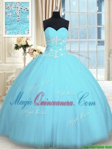 Suitable Tulle Sweetheart Sleeveless Lace Up Appliques Quinceanera Dresses in Light Blue