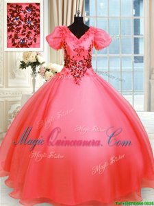 Most Popular Floor Length Ball Gowns Short Sleeves Coral Red Quinceanera Dress Lace Up