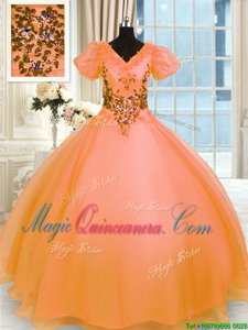 Orange Lace Up V-neck Appliques Quinceanera Dresses Organza Short Sleeves