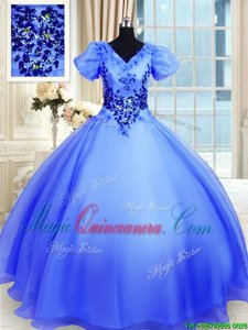 Noble Blue Lace Up V-neck Appliques Quince Ball Gowns Organza Short Sleeves