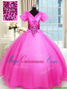 Floor Length Lace Up Sweet 16 Quinceanera Dress Hot Pink and In for Military Ball and Sweet 16 and Quinceanera with Appliques