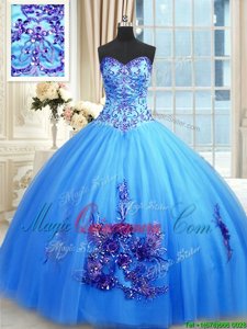 Best Ball Gowns 15th Birthday Dress Blue Sweetheart Tulle Sleeveless Floor Length Lace Up