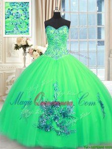 Fitting Turquoise Lace Up Sweetheart Beading and Appliques and Embroidery Quince Ball Gowns Tulle Sleeveless
