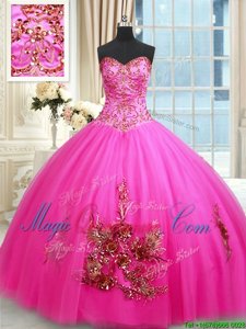 Glittering Hot Pink Sleeveless Beading and Appliques and Embroidery Floor Length Quinceanera Gowns