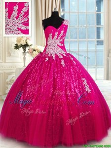 Hot Pink One Shoulder Lace Up Appliques 15th Birthday Dress Sleeveless