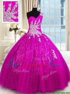 Unique Ball Gowns Sweet 16 Dress Fuchsia One Shoulder Lace Sleeveless Floor Length Lace Up