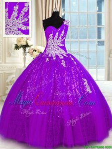 Purple One Shoulder Lace Up Appliques Sweet 16 Dress Sleeveless