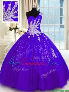 Super One Shoulder Sleeveless Tulle and Sequined Quince Ball Gowns Appliques Lace Up