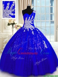 One Shoulder Sleeveless Lace Up Ball Gown Prom Dress Royal Blue Tulle and Sequined