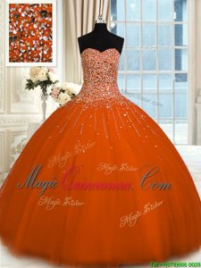 Adorable Tulle Sweetheart Sleeveless Lace Up Beading Sweet 16 Dress in Rust Red