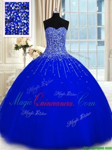 Latest Tulle Sweetheart Sleeveless Lace Up Beading Quinceanera Dresses in Royal Blue
