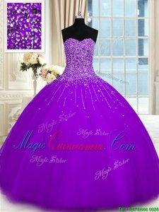Purple Sleeveless Beading Floor Length Ball Gown Prom Dress