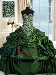 Free and Easy Sweetheart Sleeveless Ball Gown Prom Dress Floor Length Beading and Embroidery and Pick Ups Olive Green Taffeta