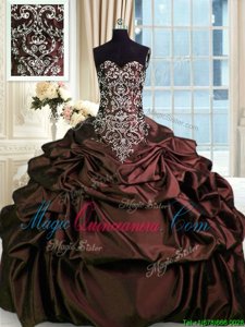 Colorful Sleeveless Taffeta Floor Length Zipper Quinceanera Dresses in Burgundy for with Beading and Embroidery and Pick Ups