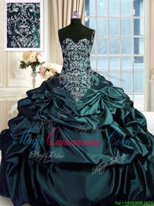 Floor Length Navy Blue Quinceanera Gowns Taffeta Sleeveless Beading and Embroidery and Pick Ups