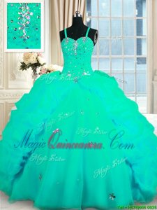 Spaghetti Straps Sleeveless Sweep Train Lace Up Vestidos de Quinceanera Turquoise Organza