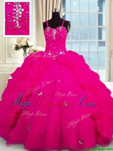 Fuchsia Sleeveless Brush Train Beading With Train Vestidos de Quinceanera