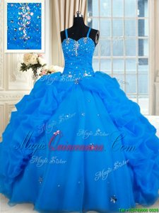 Luxury Organza Spaghetti Straps Sleeveless Lace Up Beading and Pick Ups 15th Birthday Dress in Blue