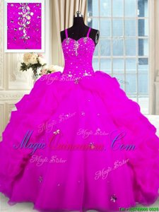 Charming Fuchsia Organza Lace Up Spaghetti Straps Sleeveless Floor Length Sweet 16 Dresses Beading and Pick Ups