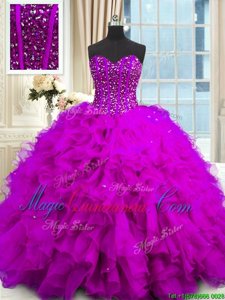 Purple Lace Up 15 Quinceanera Dress Beading and Ruffles and Sequins Sleeveless Floor Length