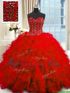 Clearance Sequins Sweetheart Sleeveless Lace Up 15th Birthday Dress Red Organza