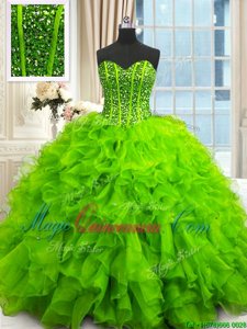 Low Price Ball Gowns Organza Sweetheart Sleeveless Beading and Ruffles and Sequins Floor Length Lace Up Sweet 16 Quinceanera Dress