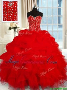 Sleeveless Floor Length Beading and Ruffles Lace Up Quinceanera Dress with Wine Red