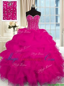 Chic Floor Length Fuchsia Sweet 16 Dresses Organza Sleeveless Beading and Ruffles