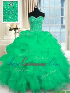 Dazzling Turquoise Ball Gowns Organza Sweetheart Sleeveless Beading and Ruffles Floor Length Lace Up Quinceanera Gowns