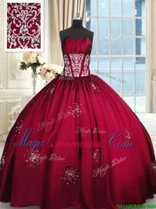 Taffeta Strapless Sleeveless Lace Up Beading and Appliques and Ruching Sweet 16 Dresses in Wine Red