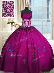 Sleeveless Taffeta Floor Length Lace Up Vestidos de Quinceanera in Fuchsia for with Beading and Appliques and Ruching