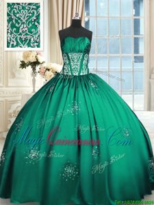Teal Ball Gowns Beading and Appliques and Ruching Quince Ball Gowns Lace Up Taffeta Sleeveless Floor Length