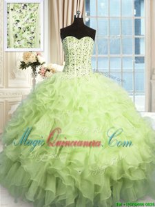 Pretty Yellow Green Sweetheart Neckline Beading and Ruffles and Sequins Sweet 16 Quinceanera Dress Sleeveless Lace Up