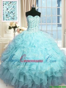 Sophisticated Baby Blue Organza Lace Up Sweetheart Sleeveless Floor Length Sweet 16 Dresses Beading and Ruffles and Sequins